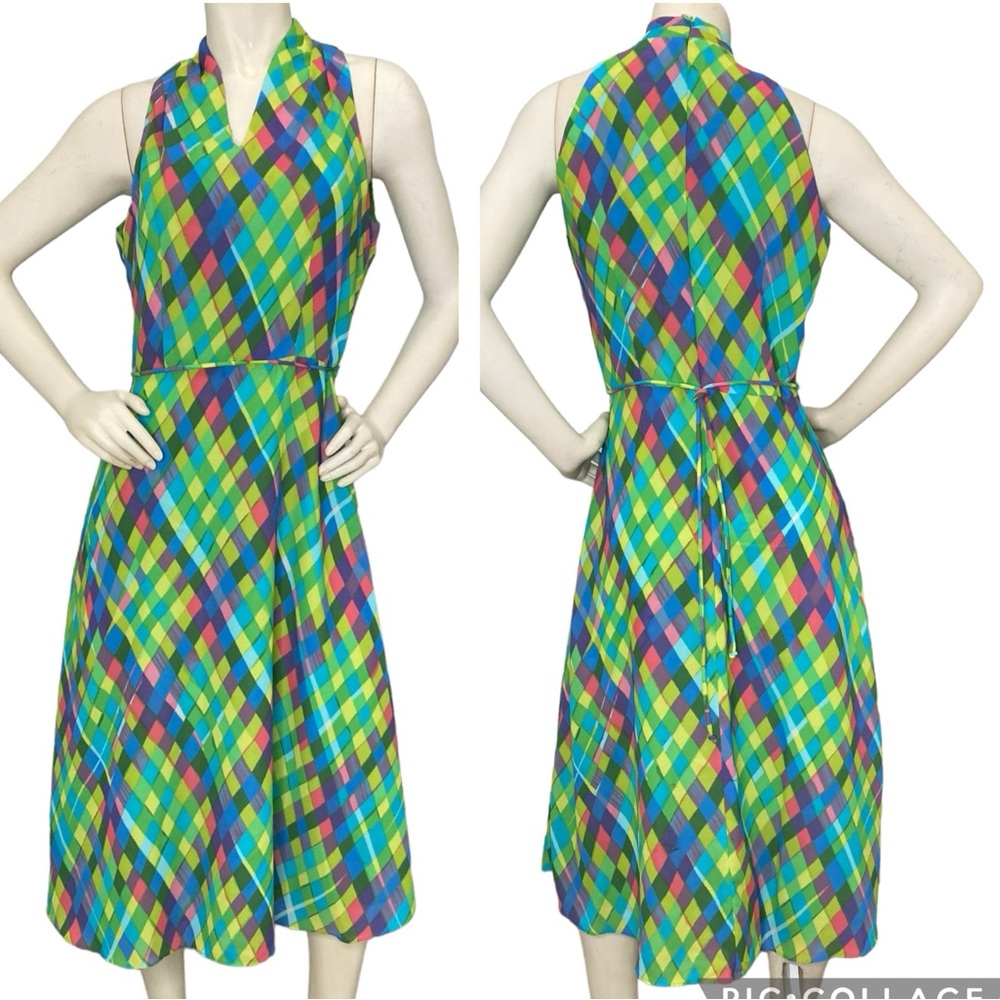 DAVID WARREN Vintage Lime Green & Multicolor Geometric Sleeveless A-Line Midi 10